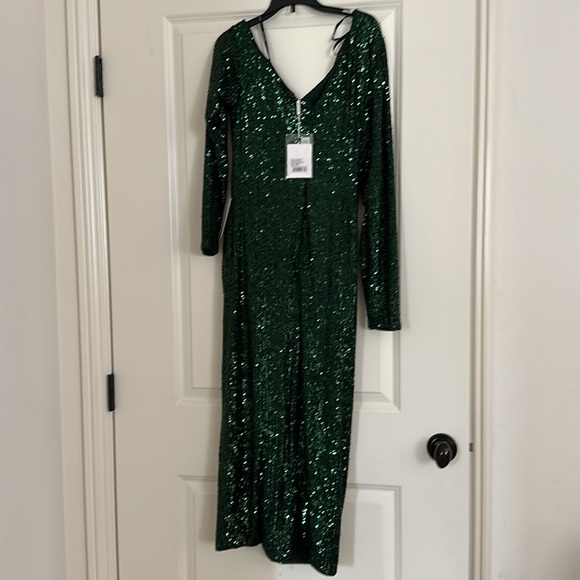 NWT Self-Portrait | Green Stretch Sequin Asymmetric Midi Dress - Picture 6 of 10